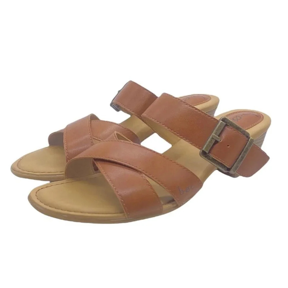 BOC by Born VAREEN Tan Strappy Heeled Sandals Womens 8 M Slip On Buckle Z55616